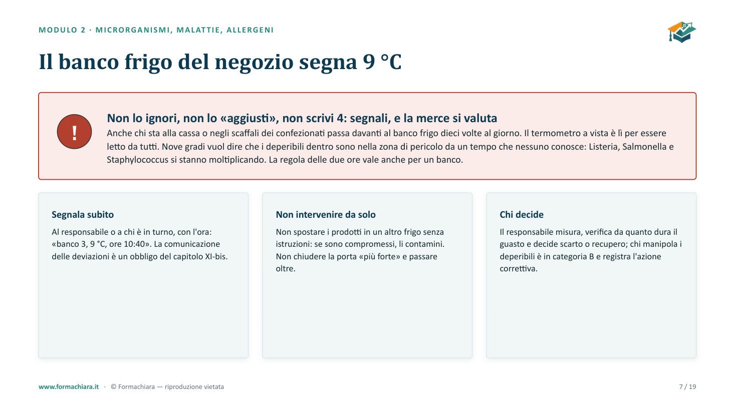 Slide del corso di aggiornamento HACCP: &laquo;Il banco frigo del negozio segna 9 &deg;C&raquo;